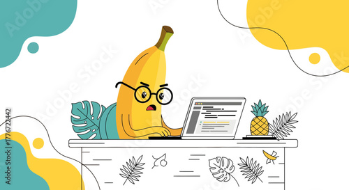 Banana Programmer Working On Laptop With Glasses And Pineapple Conceptual Illustration
