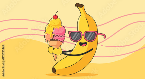 Banana Joyfully Holding Delicious Ice Cream Cone During a Warm Summer Day