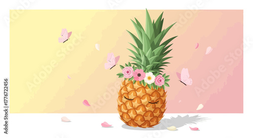A Sweet Pineapple With Butterflies and Flowers, Peaceful and Charming Illustration