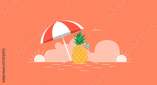 A Sunny Pineapple Relaxing And Enjoying Life Under The Beach Umbrella And Sun