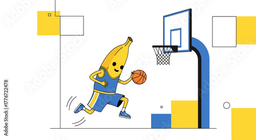 Basketball Banana: Funny Sport Illustration, Playing Game, Fun Athlete, Cheerful Cartoon Concept