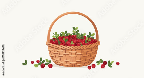 Basket Of Fresh Red Cranberries: A Charming Harvest Illustration Depicting Nature's Bounty