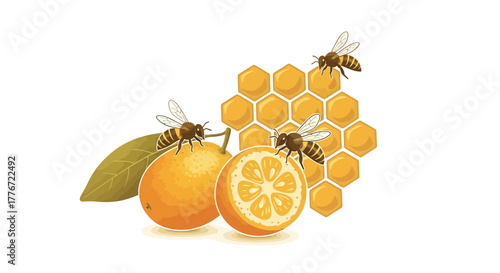 Bees Buzzing Around Citrus Fruits and Honeycomb Illustration on White Background