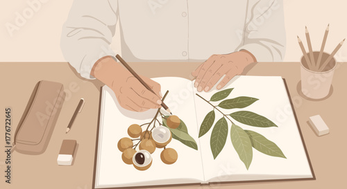 Botanical Illustration: Artistic Depiction of Longan Fruits and Leafy Branches