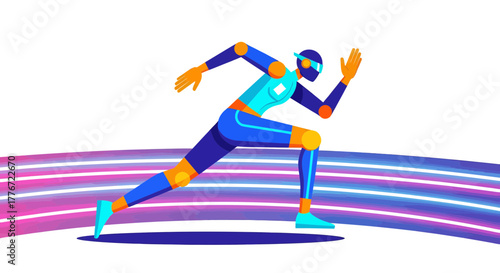 Abstract Robotic Athlete Running Fast Above Futuristic Streaming Lines Illustration
