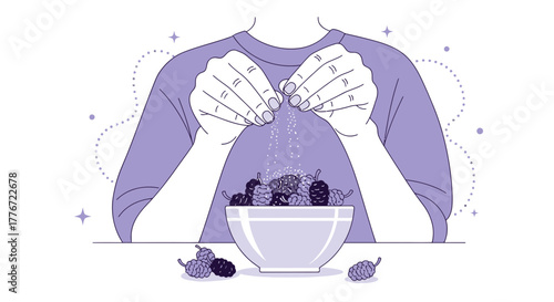 Adding Sweetness: Person Sprinkling Refined Substance Over Freshly Grown Berries