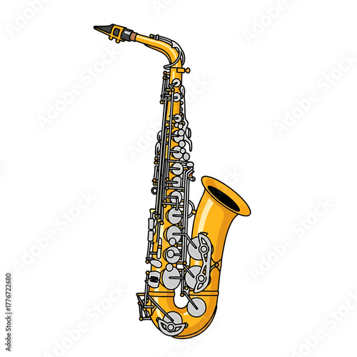 Illustration of a golden saxophone, jazz music
