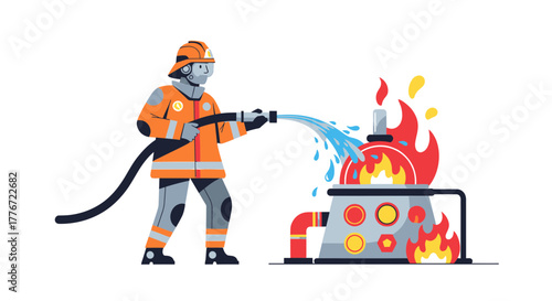 Brave Firefighter Efficiently Extinguishes Industrial Blaze With Powerful Water Stream