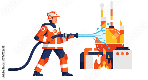 Brave Firefighter Extinguishing Industrial Blaze With Powerful Water Stream Action