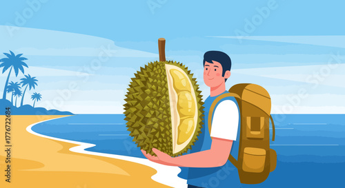 Adventurer Holds a Giant Durian on a Tropical Beach, Enjoying the Delicious Fruit