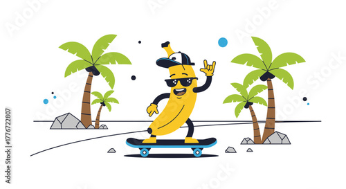 Cartoon Banana Character Enjoying The Sunny Tropical Beach While Skateboarding With Style