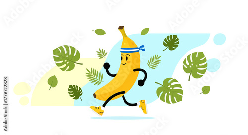 Cartoon Banana Character Running Amidst Tropical Leaves And Cheerful Expression