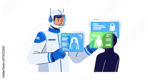 Astronaut Analyzing Data Using Holographic Interface to Assess Human Anatomy of a Subject