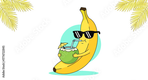Cartoon Banana Enjoying a Tropical Coconut Drink on a Sunny Holiday Vacation