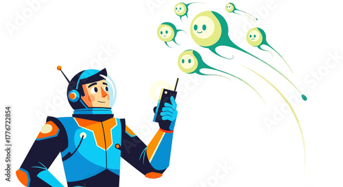 Astronaut Communicating With a Group of Strange Adorable Alien Space Creatures