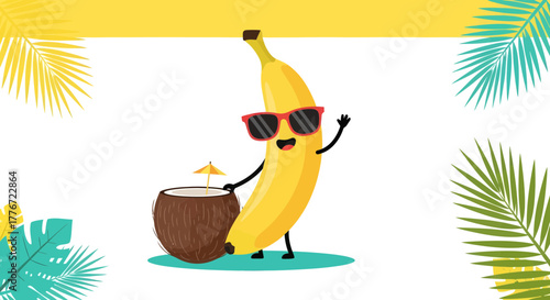 Cartoon Banana Enjoying Summer Vacation And Tropical Paradise With Drinks and Sunglasses