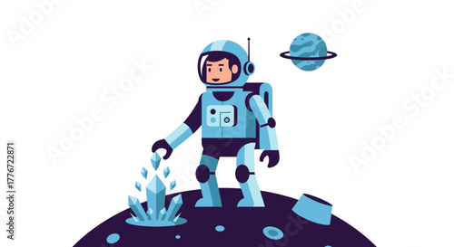 Astronaut Exploring Alien Terrain And Discovering Rare Crystalline Formations In Space