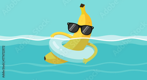 Cartoon Banana Enjoying Summer Vacation with Sunglasses Floating in Water