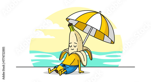 Cartoon Banana Enjoying Summer Vibes Under Umbrella With Beach and Ocean Background
