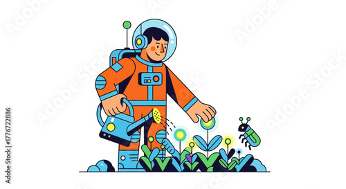 Astronaut Cultivating Flowers In A Garden, A Depiction Of Space Gardening