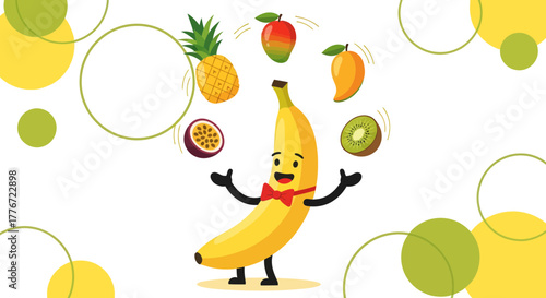 Cartoon Banana Juggling Tropical Fruits in a Colorful and Playful Illustration