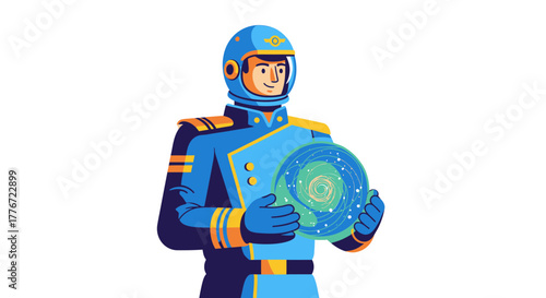 Astronaut Holding Abstract Swirling Orb in Futuristic Illustration Design, Artwork