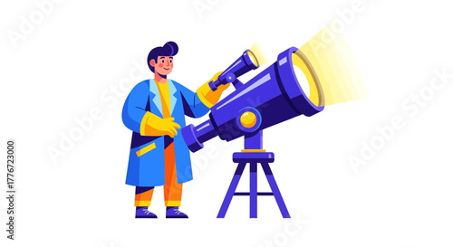 Astronomer In Action Using Telescope In Order To Explore The Cosmos And Study Space