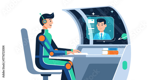 Astronaut Working At Futuristic Desk With Teleconference During Space Exploration Operations