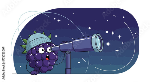 Astronomical Berry Exploring Space With A Telescope Under A Starry Night Sky