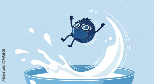 Cartoon Blueberry Mascot Diving Into Splash Of Milk With Goggles And Arms Outstretched