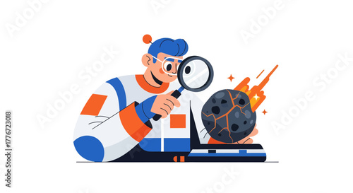Astronomer Investigates Meteorite With Magnifying Glass In Colorful Illustration Design