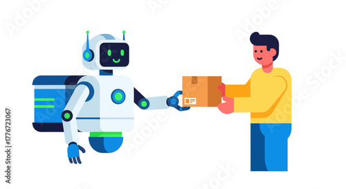 Automated Logistics: A Robot Arm Delivers a Package to a Man Depicting Modern Technology