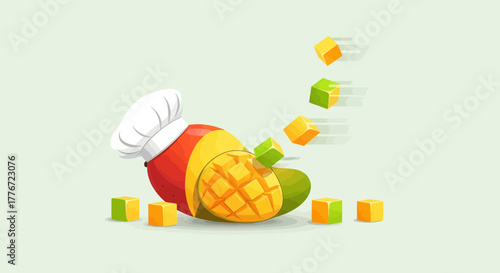 Cartoon Chef Mango with Cubes: A Delicious and Creative Tropical Food Concept