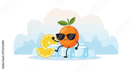 Cartoon Citrus Character Chilling Out: Summer Orange Enjoys a Refreshing Cool Down