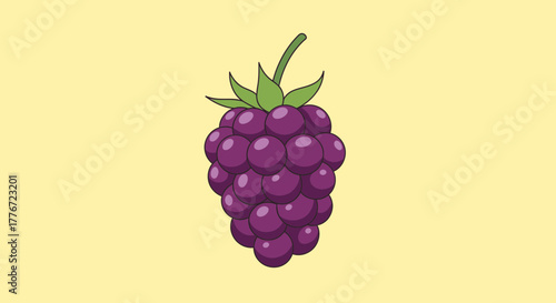 Cartoon Grape Cluster Illustration Isolated on a Light Yellow Background With Stem and Leaves