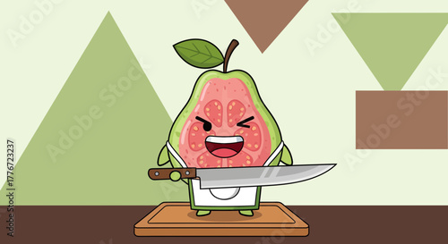 Cartoon Guava Chef Grinning While Holding a Knife Ready to Slice for Delicious Dessert