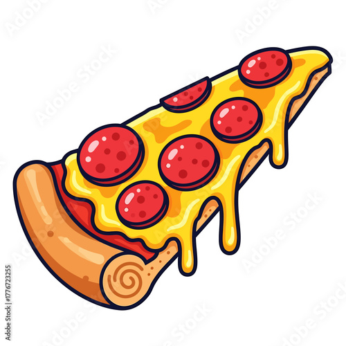 Cartoon slice of pepperoni pizza with melting cheese