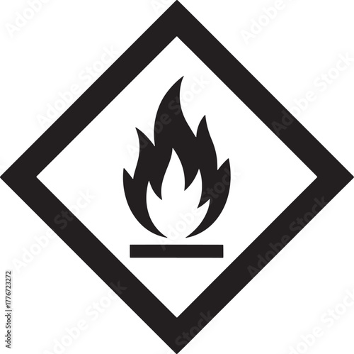 Black flame symbol within a black diamond hazard warning sign vector illustration