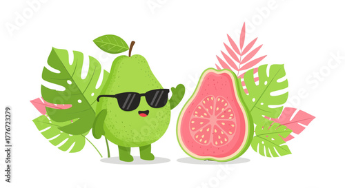 Cartoon Guava Smiling With Sunglasses And Tropical Plants, Cute And Fun Illustration