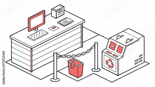 Isometric view of a desk with computer, chain barrier, bin and recycling station illustration created with generated ai