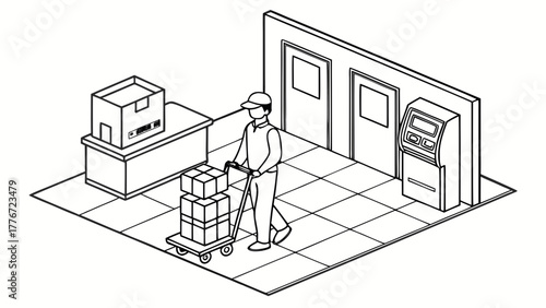 Isometric illustration of delivery man with boxes on a cart in a tiled room with doors and atm created with generated ai