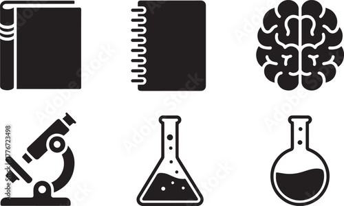 Book, notebook, brain, microscope and flask icons science knowledge