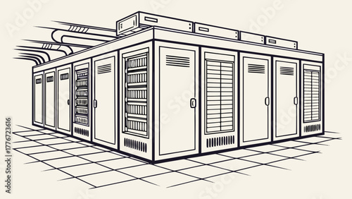 Illustration of a server room with multiple server racks and overhead cable trays in perspective view created with generated ai
