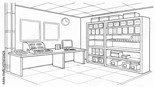 Illustration of an office interior with a desk computer shelves and wall decorations shown in black and white created with generated ai