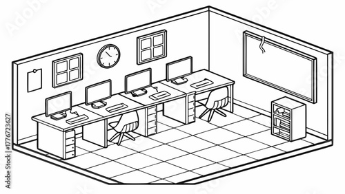 Isometric view of an office space with desks computers chairs and wall decorations in black and white style created with generated ai