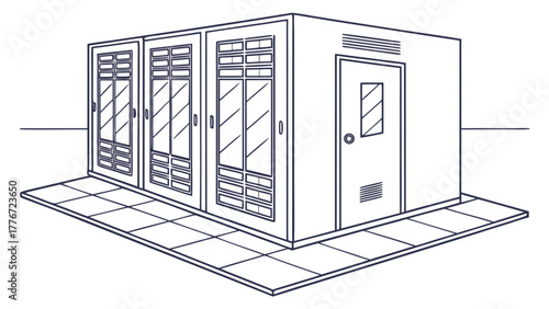 Illustration of a small building with sliding glass doors and a side door on a tiled platform created with generated ai
