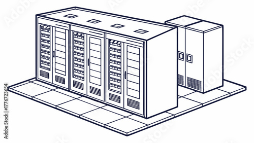 Isometric illustration of a server room with multiple racks and a tiled floor in a simple line drawing style created with generated ai