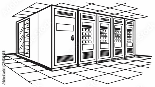 Illustration of a server room with multiple racks and a tiled floor in a simple line drawing style created with generated ai