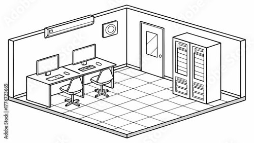 Isometric view of an office room with two desks computers chairs and a server cabinet in black and white created with generated ai