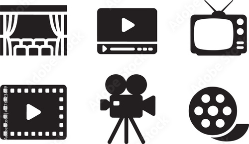 Cinema and Video Icons Showing Theater Screen Playback and Film Reels Keywords: cinema, movie, film